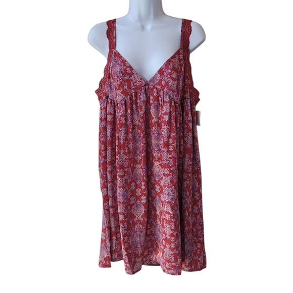 New Intimately FREE PEOPLE Misty Morning Trapeze Mini Slip Dress in Red Combo XL - Picture 1 of 16